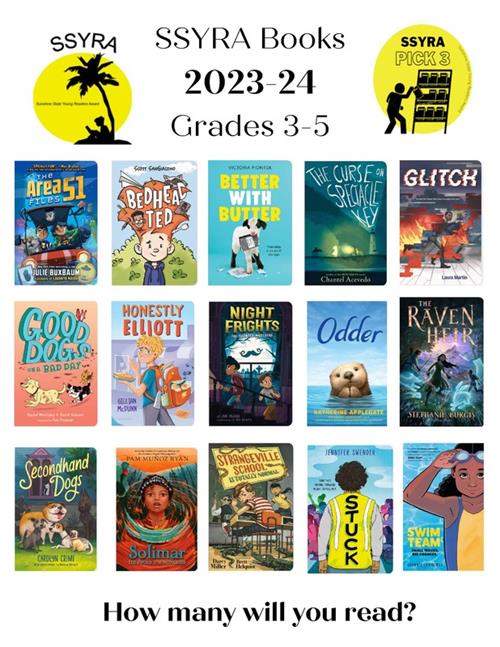 Book Covers of the 2023-2024 SSYRA books for grades 3-5.
